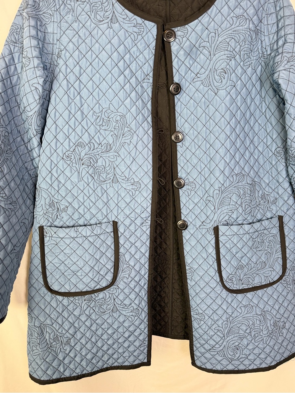 Soft Surroundings Quilted Blue Button-Front Puffer Jacket with Black Trim - Picture 7 of 7